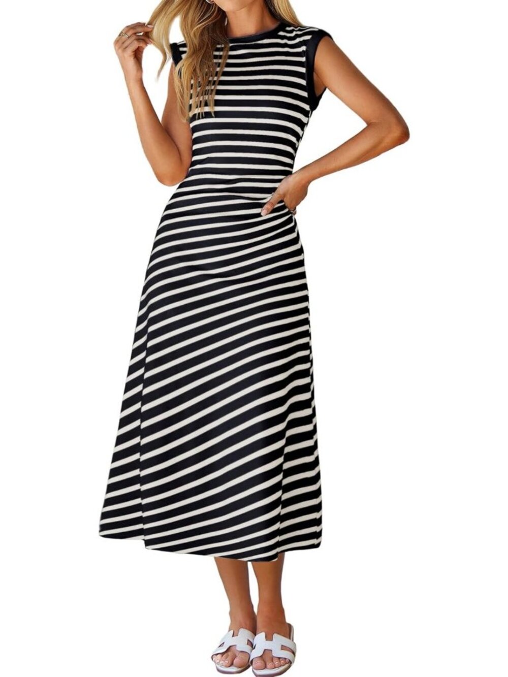 Summer Midi Dress for Women - Soft A-Line Cap Sleeve Casual Sun Dress for Work